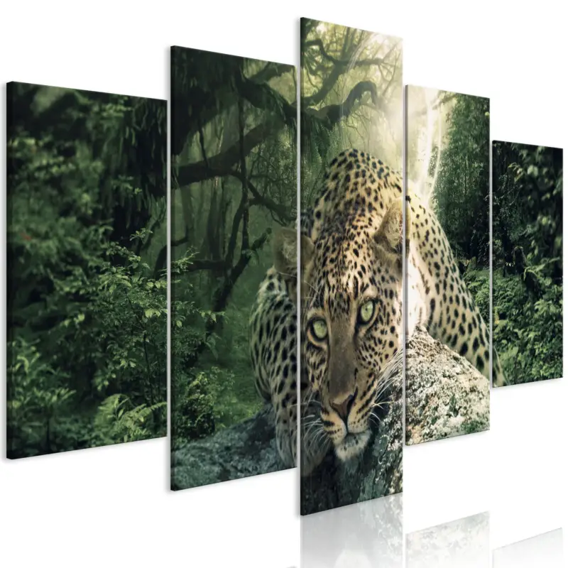 Usine Directe Schilderij - Leopard Lying (5 Parts) Wide Pale Green - 100x50