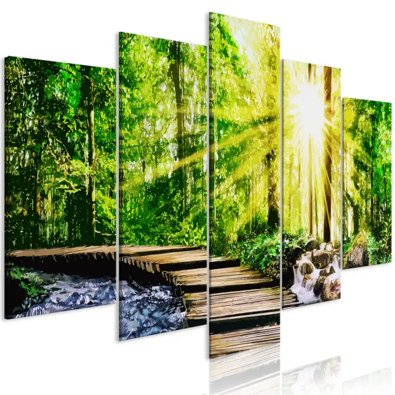Solde Schilderij - Forest Footbridge (5 Parts) Wide - 200x100