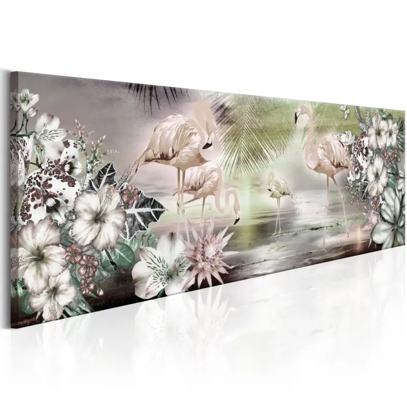 Soldes Schilderij - Flamingoes and Flowers - 120x40