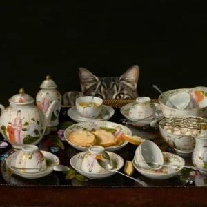 A Tea Set With A Cat posters & art prints door Marja van den Hurk - Premium Poster - 50x70 Prix Promo