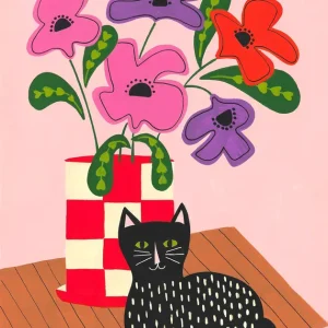 Achat Immédiat Speelse stillevens: Kat en kleurrijke bloemen posters & art prints door Sara Coulter - Premium Poster - 50x70