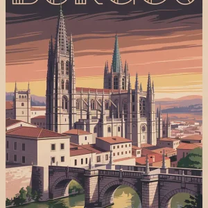 Achat Immédiat Vintage reisposter: Burgos Kathedraal bij zonsondergang posters & art prints door Glittering Pixel Studio - Premium Poster - 50x70