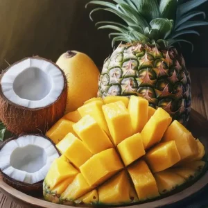 Achat Immédiat Tropisch Paradijs: Een feestmaal van mango, ananas en kokos posters & art prints door Yrixe Fierco - Premium Poster - 50x70