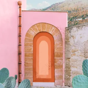 Woestijnoase: Een levendig portaal in een kleurrijk landschap posters & art prints door Gabor Estefan - Premium Poster - 50x70 Meilleure Vente