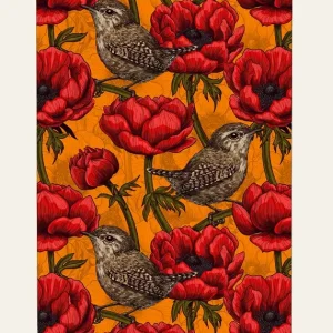 Wrens in the Anemone Garden 2 posters & art prints door Katerina Kirilova by The Artcircle - Premium Poster - 50x70 Authentique