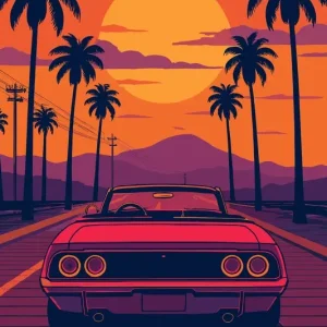 80s Retro Sunset Esthetische Auto posters & art prints door Vicky Hanggara - Premium Poster - 50x70 Vente Directe
