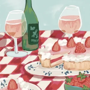 Aardbeientaart en wijn posters & art prints door Sofia Jønson Schmidt - Premium Poster - 50x70 Affaire À Saisir