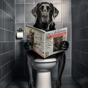 Zwarte Labrador op het toilet posters & art prints door Craig Doogan - Premium Poster - 50x70 Bon Marché