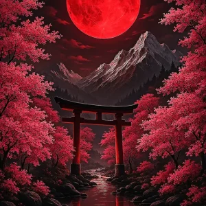 Achat Immédiat Torii onder bloedrode maan posters & art prints door Edi - Premium Poster - 50x70