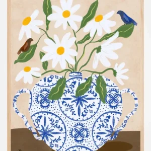 White Flowers in a Vase with Birds Poster (21x29.7 cm (A4)) Commander Maintenant