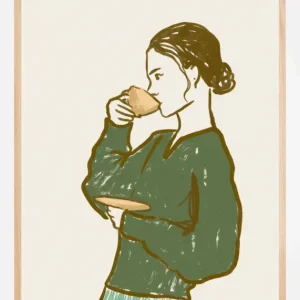 Woman Drinking Tea in Green Poster (21x29.7 cm (A4)) Satisfait Ou Remboursé