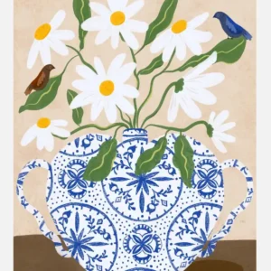 White Flowers In A Vase With Birds Canvasprint (30x40 cm) Top Vente