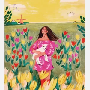 Woman In Spring Tulip Field Canvasprint (30x40 cm) Réduction