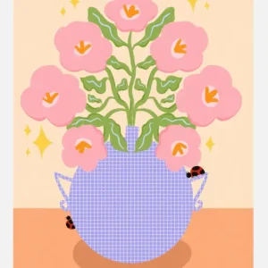 Usine Directe Pink Retro Flowers In A Vase Canvasprint (30x40 cm)