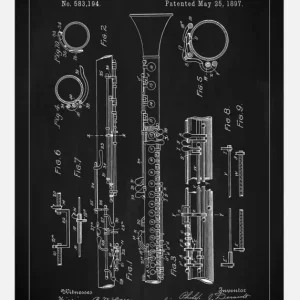 Usine Directe Patent Print - Clarinet - Black Canvasprint (30x40 cm)